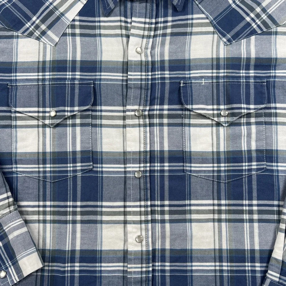 Ely Cattleman Pearl Snap Shirt Mens Large Blue Plaid Wrinkle Resistant